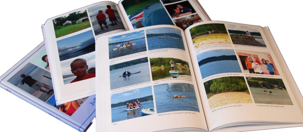 Preserving Loved One's Social Media Memories Three Recap Books with Facebook photos and captions of people at a lake