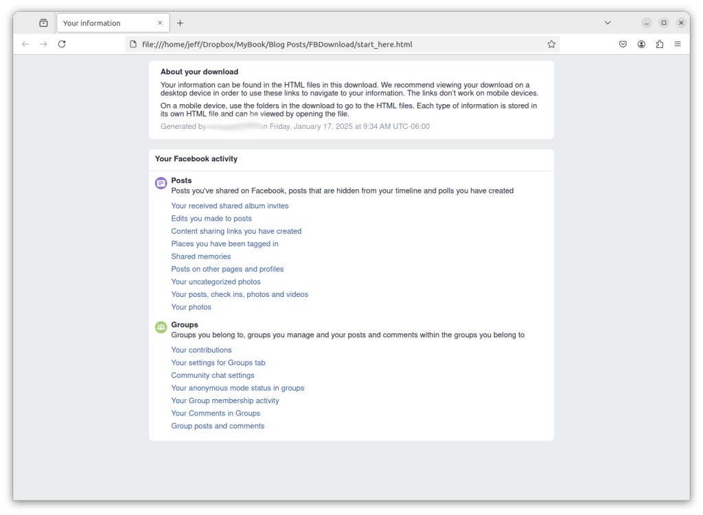 Should I Leave Facebook? 3 ways to save your memories! menu for main page of meta download in html format