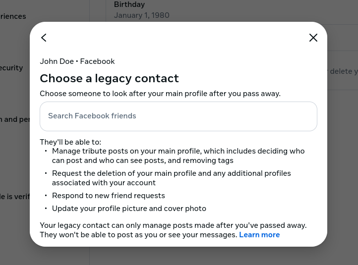What Happens to My Facebook when I Die? Create a Legacy Contact choose a legacy contact pop-up