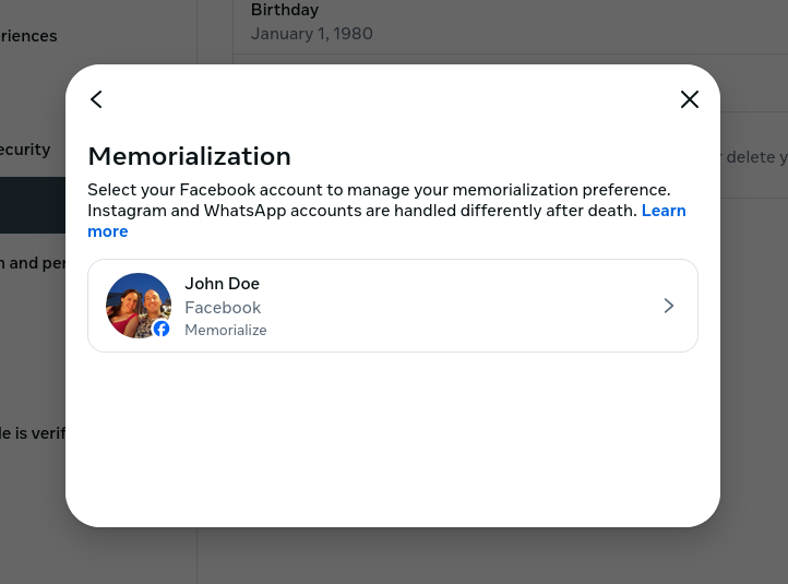 What Happens to My Facebook when I Die? Create a Legacy Contact memorialization facebook profile selection pop-up