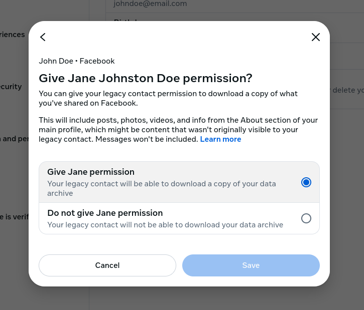 What Happens to My Facebook when I Die? Create a Legacy Contact legacy contact permission pop-up
