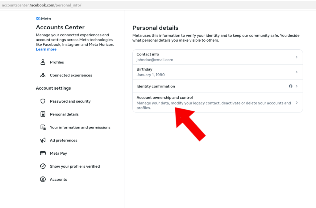What Happens to My Facebook when I Die? Create a Legacy Contact accounts center personal details screen with red arrow to account ownership and control