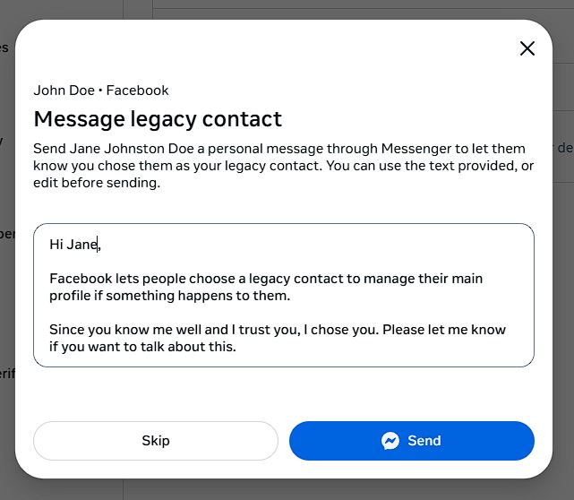 What Happens to My Facebook when I Die? Create a Legacy Contact legacy contact message pop-up