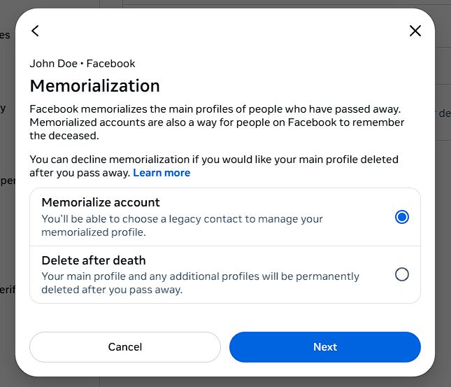What Happens to My Facebook when I Die? Create a Legacy Contact memorialize account pop-up