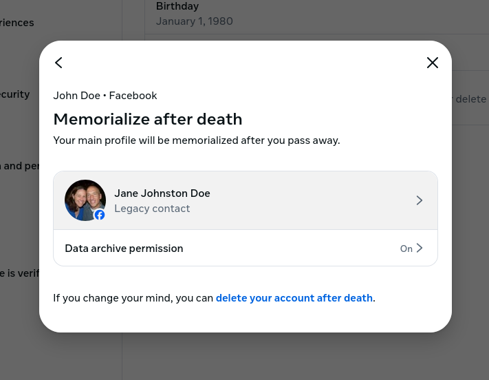 What Happens to My Facebook when I Die? Create a Legacy Contact memorialize after death pop-up showing a correctly set legacy contact